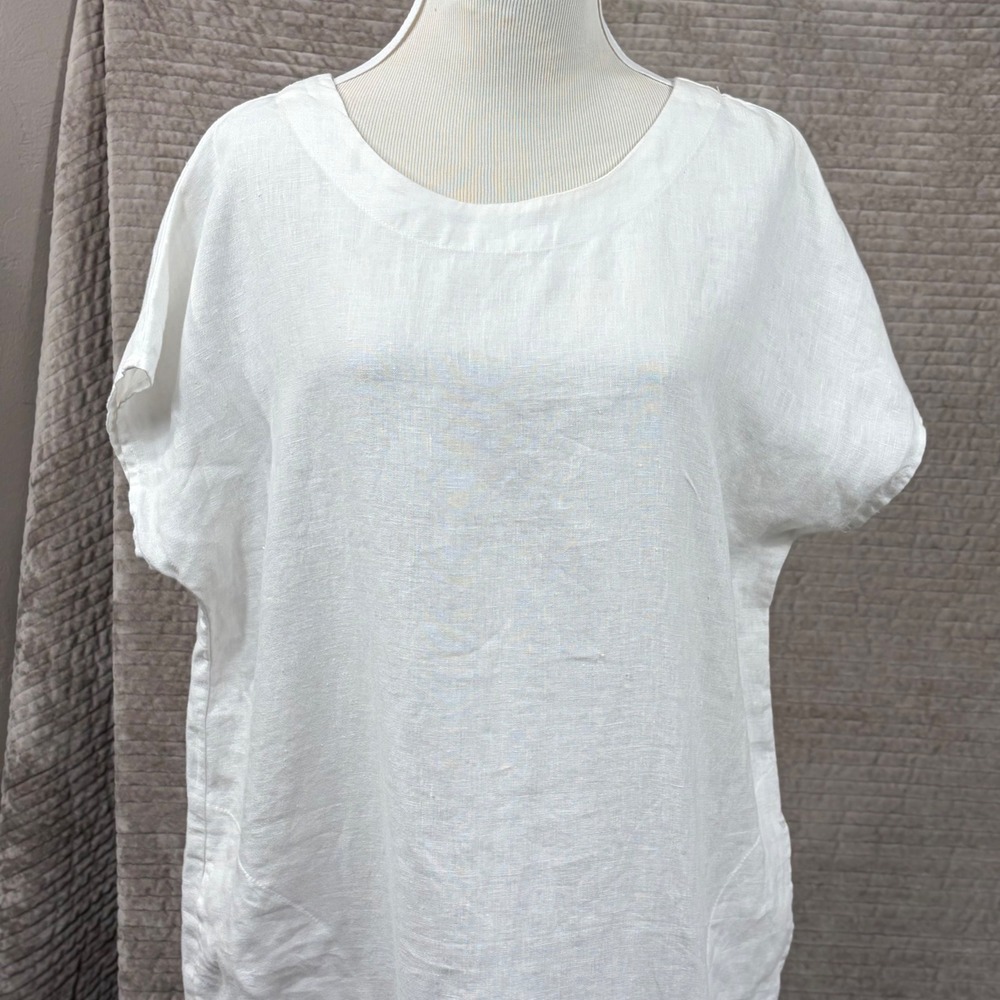 Cut Loose White 100% Linen Shift Dress Pockets Short Sleeve Made in USA M
